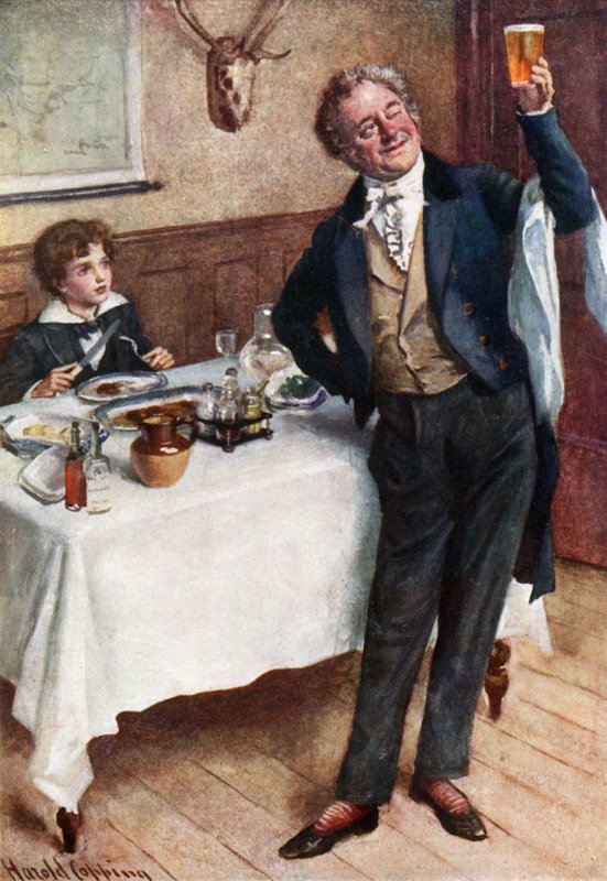 David og den vennlige servitøren (litho i farge) av Harold Copping