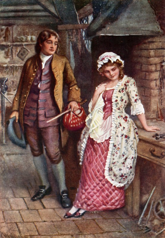 Joe Willet og Dolly Varden (farge litho) av Harold Copping