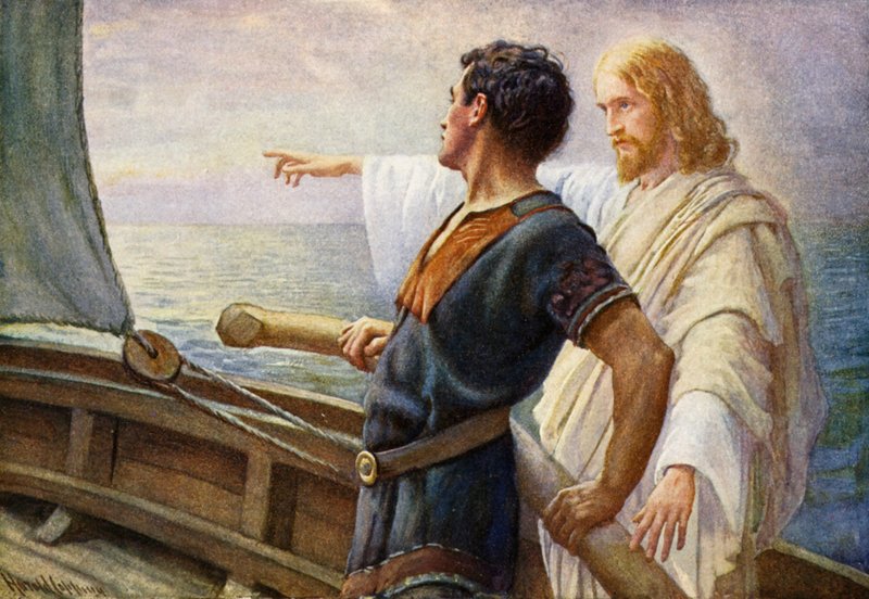Livets soloppgang, Kristus ved roret (farge litho) av Harold Copping