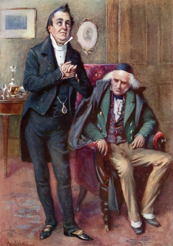 Mr. Pecksniff og gamle Martin Chuzzlewit (farge litho) av Harold Copping