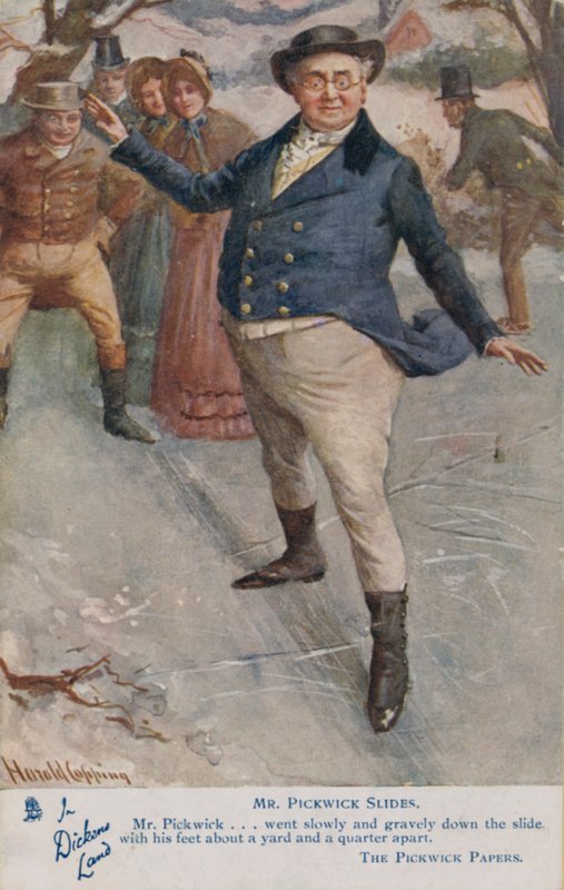 Mr Pickwick glir på isen, scene fra Charles Dickens