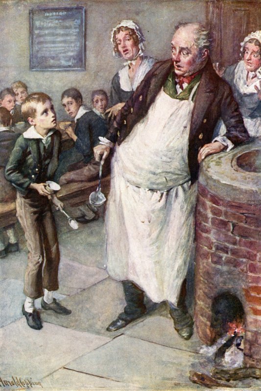 Oliver ber om mer (farge litho) av Harold Copping