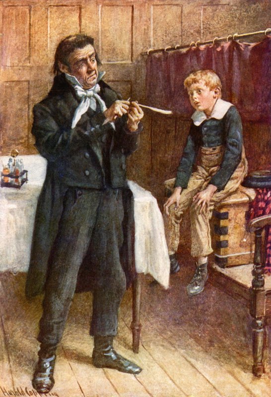 Wackford Squeers and the New Pupil (litho-farge) av Harold Copping