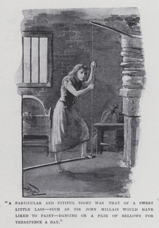 "Et spesielt og ynkelig syn var det av en søt liten jente, slik som Sir John Millais ville ha likt å male, danse på et par belg for tre pence om dagen" (s/h-bilde) av Harold Hume Piffard