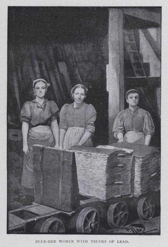 Kvinner med blå seng med lastebiler av bly (s/hvitt-bilde) av Harold Hume Piffard