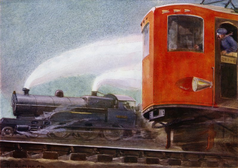 Damp- og elektriske lokomotiver på Storbritannias jernbaner (farge litho) av Harold Robert Millar