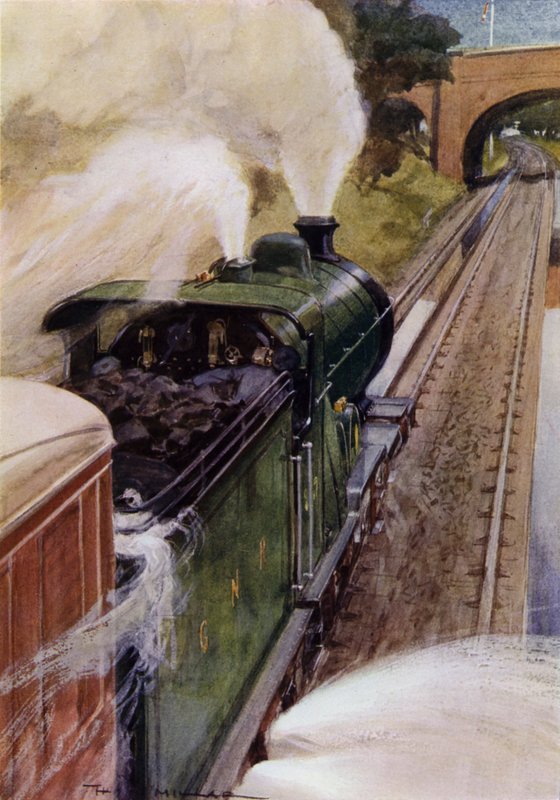 Damplokomotiv på Great Northern Railway tar opp vann (farge litho) av Harold Robert Millar