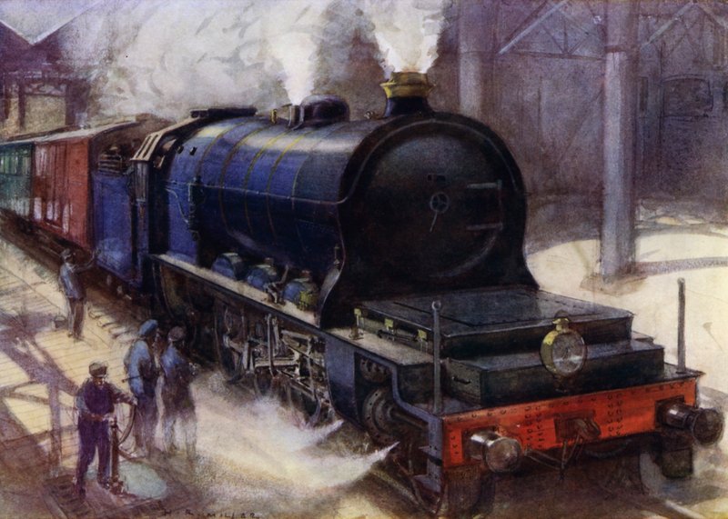 Flamme Pacific, 2-10-0-lokomotivet som fraktet ekspresstjenesten Brussel til Oostende på Belgian State Railways, det kraftigste lokomotivet i Europa i sin tid (farge litho) av Harold Robert Millar