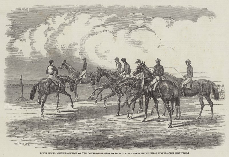Epsom Spring Meeting, Sketch on the Downs, forbereder start for Great Metropolitan Stakes av Harrison William Weir