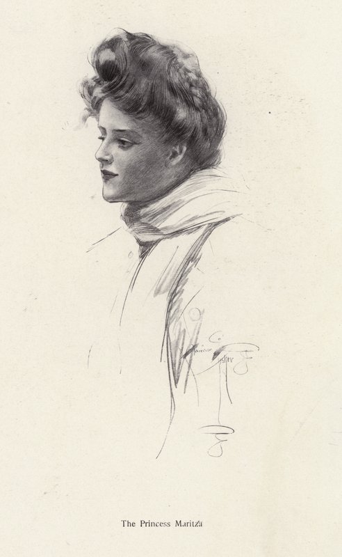 En karakter, grevinne Frina Mavrodin fra romanen, The Princess Moritza, av Percy Brebner (litho) av Harrison Fisher