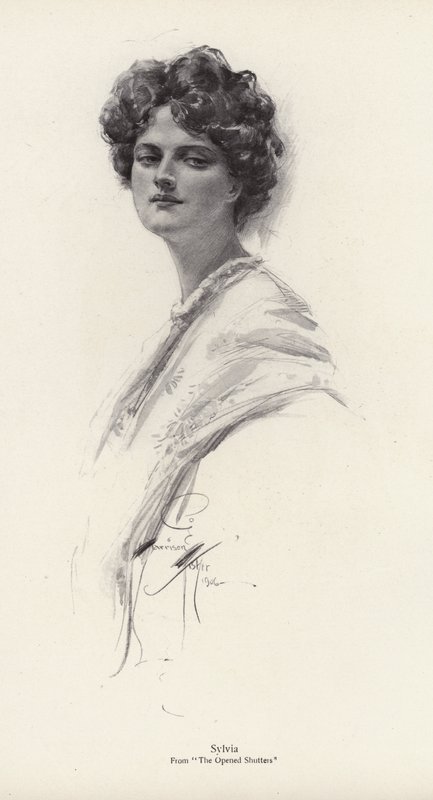 En karakter, Sylvia, fra romanen, The Opened Shutters, av Clara Louise Burnham (litho) av Harrison Fisher