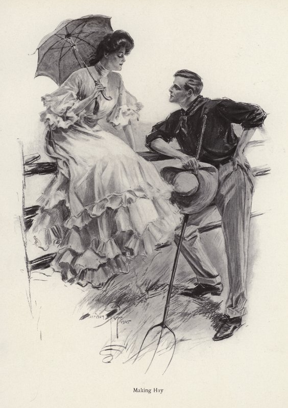 En bonde tar en pause i arbeidet sitt for å flørte med en ung kvinne (litho) av Harrison Fisher