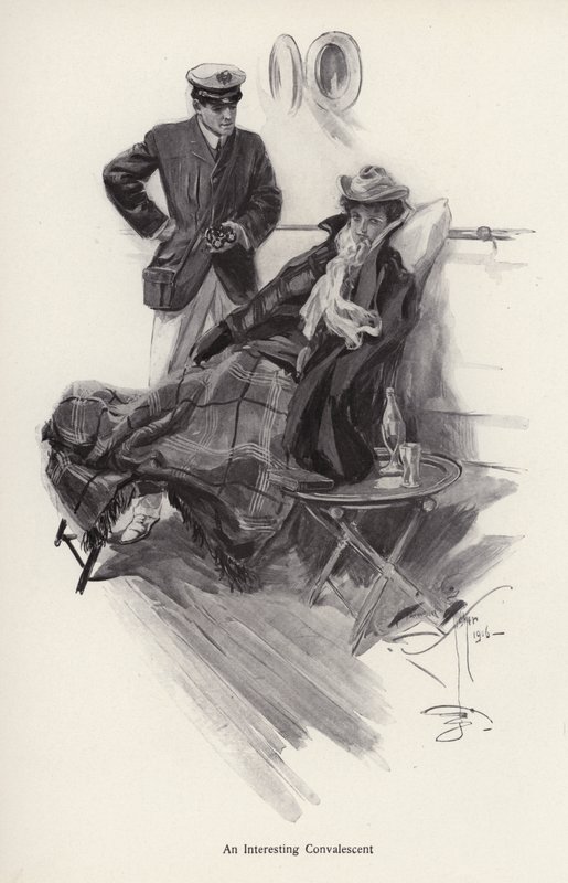 Kaptein om bord på et skip snakker med en kvinne som er rekonvalesent (litho) av Harrison Fisher