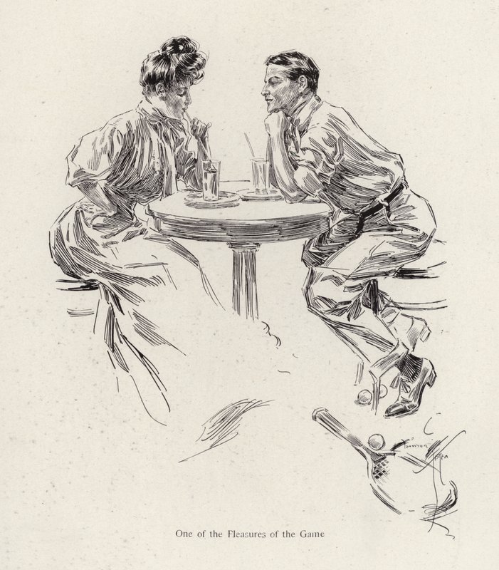 Par tar en drink etter et tennisspill (farge litho) av Harrison Fisher