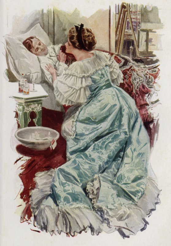 Illustrasjon for When a Man Marries av Mary Roberts Rinehart (farge litho) av Harrison Fisher