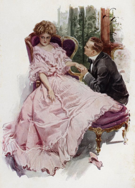 Illustrasjon for When a Man Marries av Mary Roberts Rinehart (farge litho) av Harrison Fisher