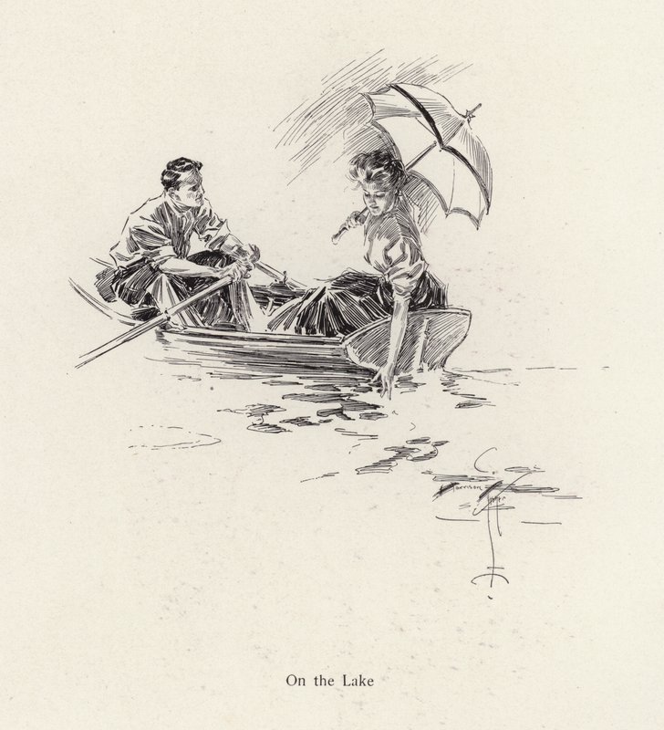 Mann og kvinne i en robåt på sjøen (litho) av Harrison Fisher