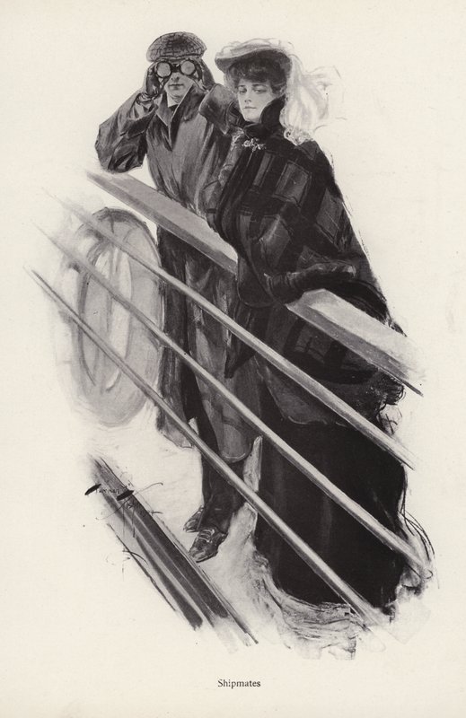 Mann og kvinne ser ut over rekkverket til et skip (litho) av Harrison Fisher