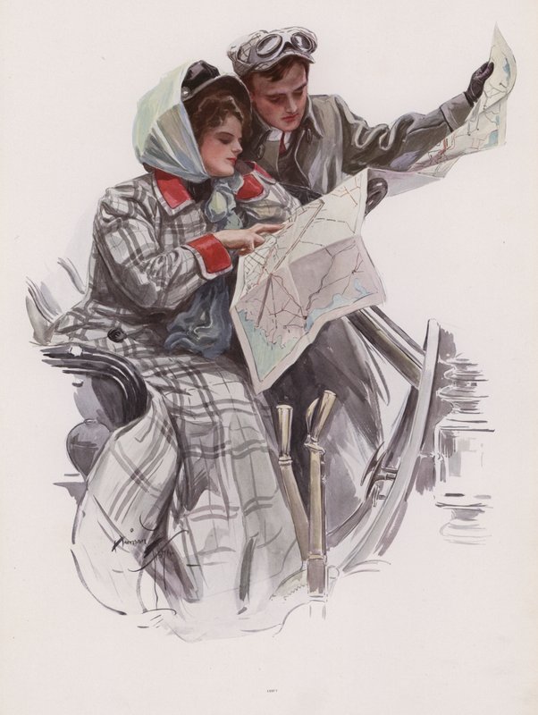 Mann og kvinne leser et kart i en bil (farge litho) av Harrison Fisher