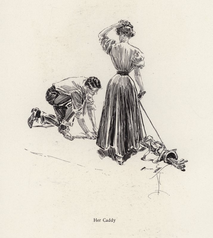 Mann caddiing for en kvinne på golfbanen (litho) av Harrison Fisher