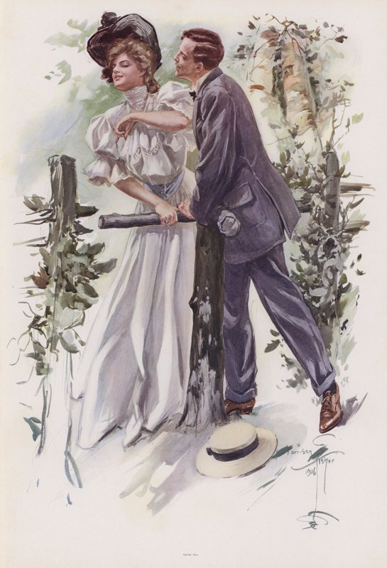 Mann prøver å stjele et kyss fra en ung kvinne (farge litho) av Harrison Fisher