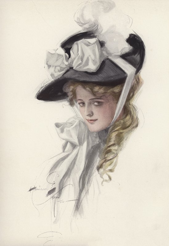 Portrett av en kvinne i en fancy hatt (farge litho) av Harrison Fisher