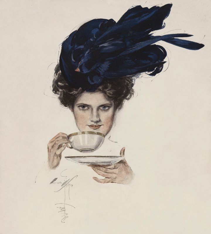 Portrett av en kvinne i en fancy hatt som drikker te (farge litho) av Harrison Fisher