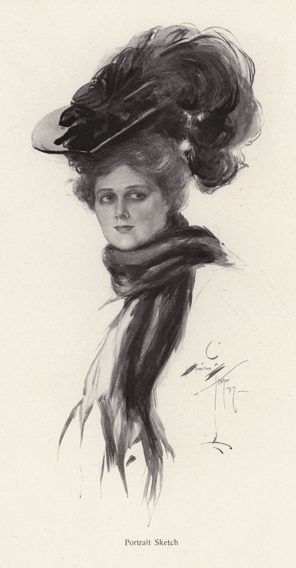 Portrett av en kvinne i en stor hatt (litho) av Harrison Fisher