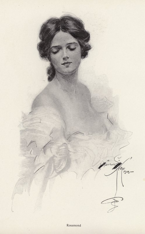 Portrett av en kvinne ved navn Rosamond (litho) av Harrison Fisher
