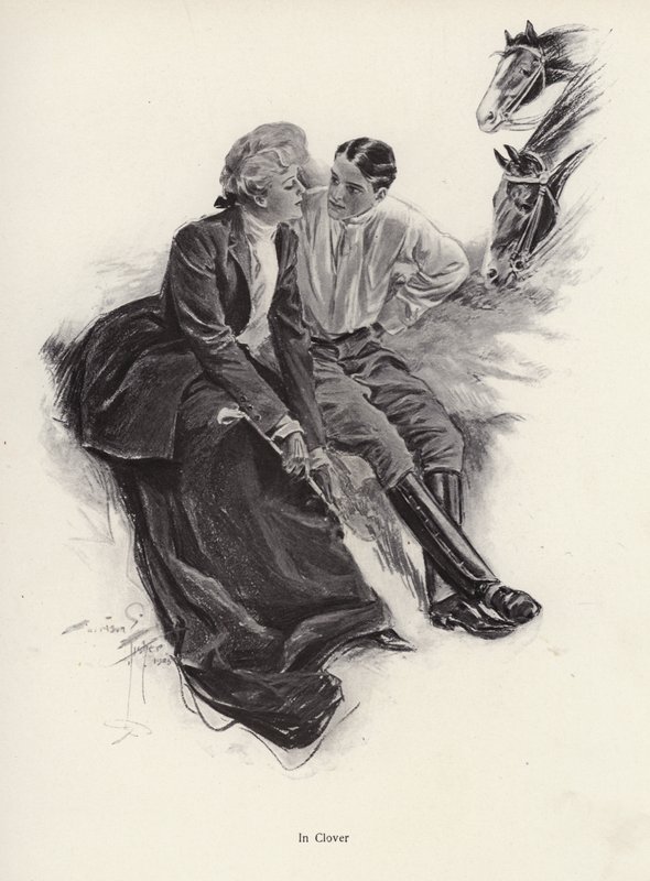 Romantisk par tar en pause under en ridetur (litho) av Harrison Fisher