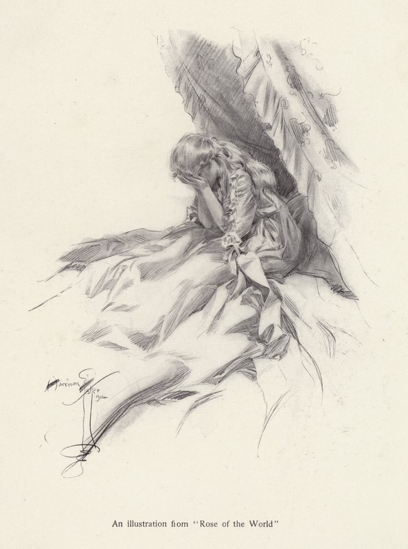 Rosamond English, en karakter fra Rose of the World, en roman av Egerton Castle (litho) av Harrison Fisher
