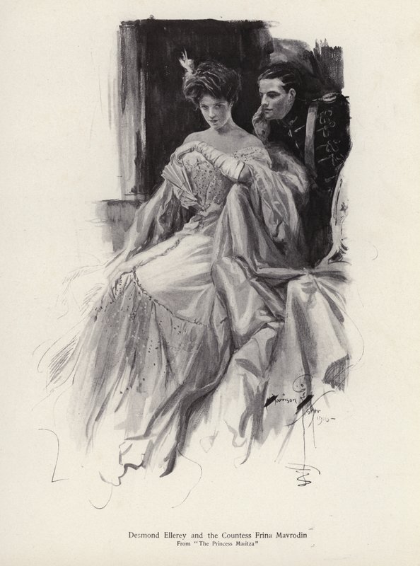 To karakterer, Desmond Ellery og grevinnen Frina Mavrodin fra romanen, The Princess Moritza, av Percy Brebner (litho) av Harrison Fisher