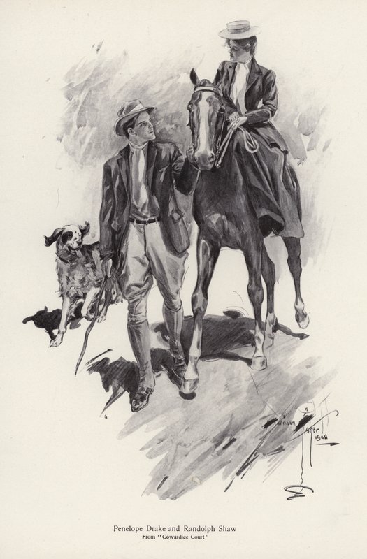 To karakterer, Penelope Drake og Randolph Shaw fra romanen, Cowardice Court, av George Barr McCutcheon (litho) av Harrison Fisher