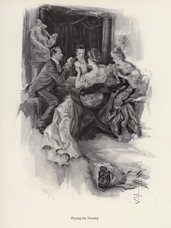 To par spiller kort på en kveldsfest (litho) av Harrison Fisher