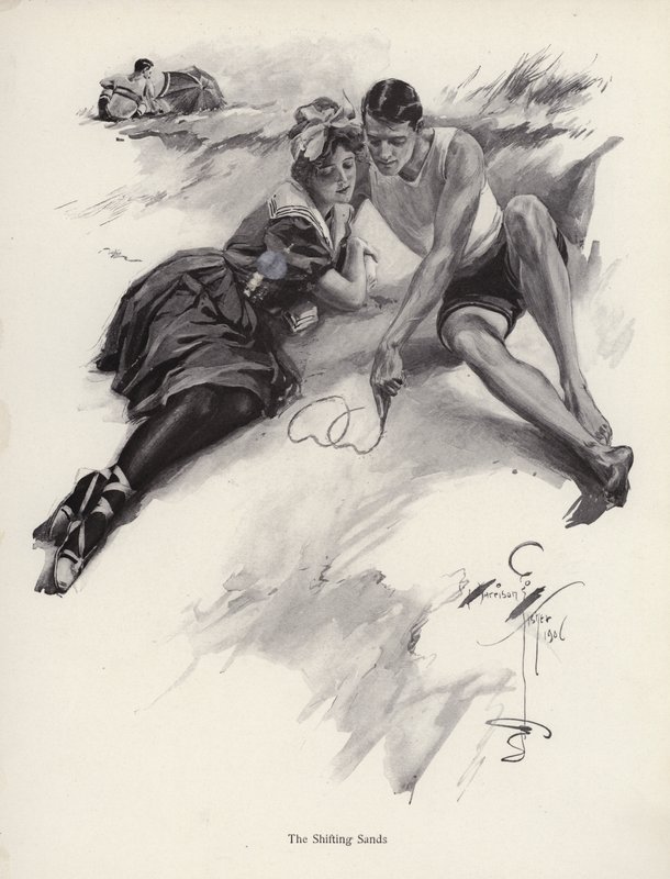 To elskere som tegner hjerter i sanden på stranden (litho) av Harrison Fisher