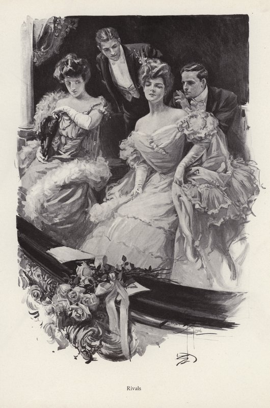 To kvinner i en boks på teatret i konkurranse med hverandre om mannlig oppmerksomhet (litho) av Harrison Fisher