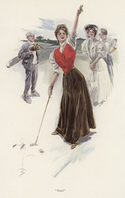 Kvinnelig golfspiller på banen (farge litho) av Harrison Fisher