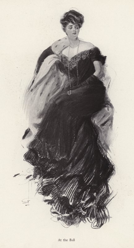 Kvinne i aftenkjole på ball (litho) av Harrison Fisher