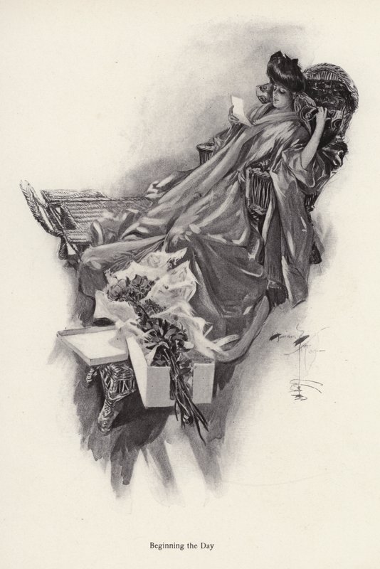 Kvinne som mottar en bukett blomster fra en beundrer (litho) av Harrison Fisher