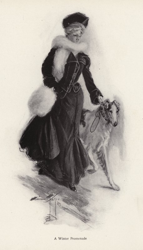 Kvinne går tur med den grove colliehunden sin om vinteren (litho) av Harrison Fisher