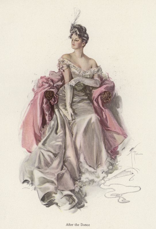 Kvinne iført en aftenkjole etter dansen (farge litho) av Harrison Fisher