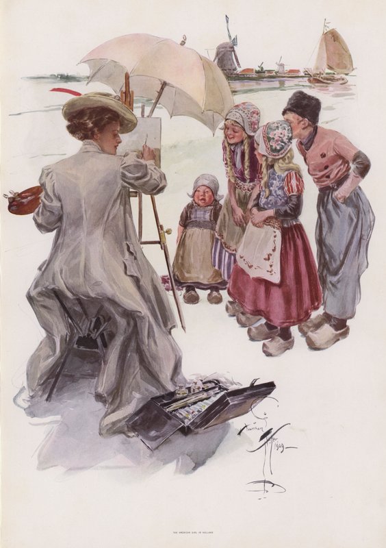 Ung amerikansk kvinne som maler en nederlandsk scene (farge litho) av Harrison Fisher