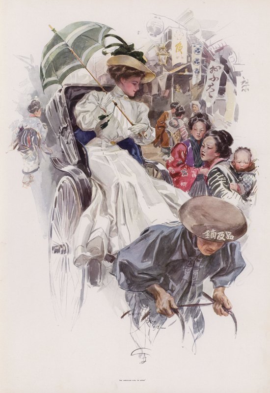 Ung amerikansk kvinne rir i en japansk rickshaw (farge litho) av Harrison Fisher