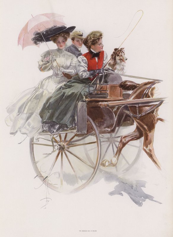 Ung amerikansk kvinne som rir i en konsert eller lignende en hestevogn i Irland (farge litho) av Harrison Fisher
