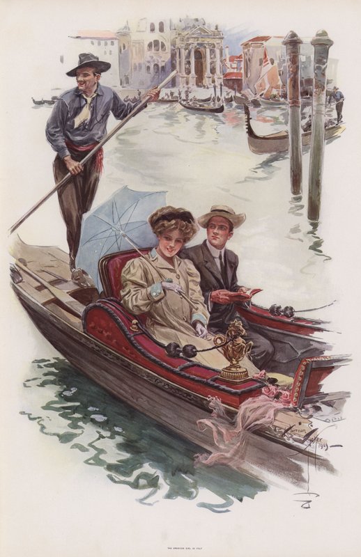 Ung amerikansk kvinne tar en tur i en gondol, Venezia (farge litho) av Harrison Fisher