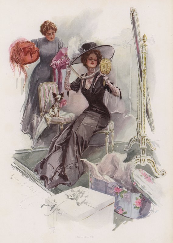 Ung amerikansk kvinne prøver på hatter hos en fransk freser (farge litho) av Harrison Fisher
