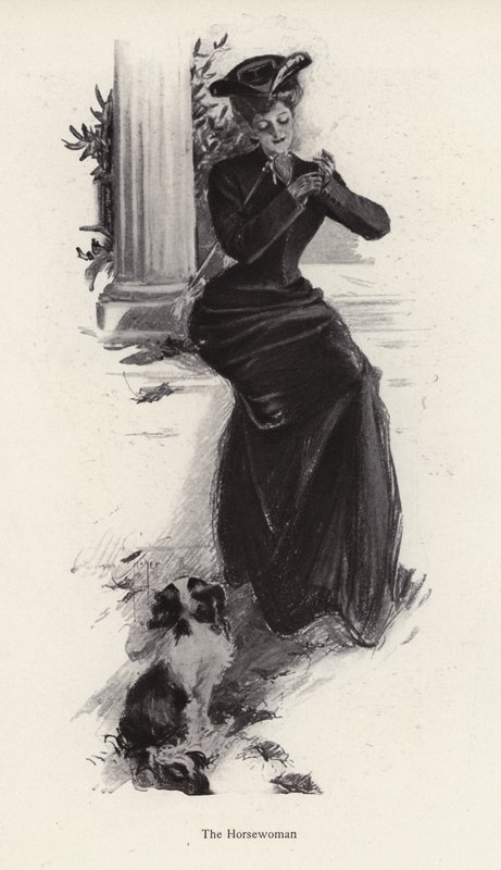 Ung kvinne og hunden hennes venter på å ri (litho) av Harrison Fisher