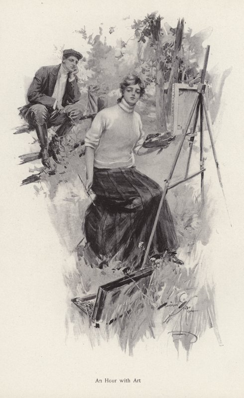 Ung kvinnekunstner maler på landsbygda mens en ung mann ser på (litho) av Harrison Fisher