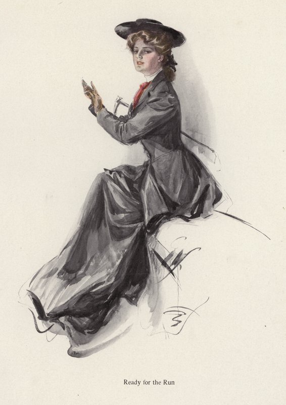 Ung kvinne gjør seg klar til å ri (farge litho) av Harrison Fisher