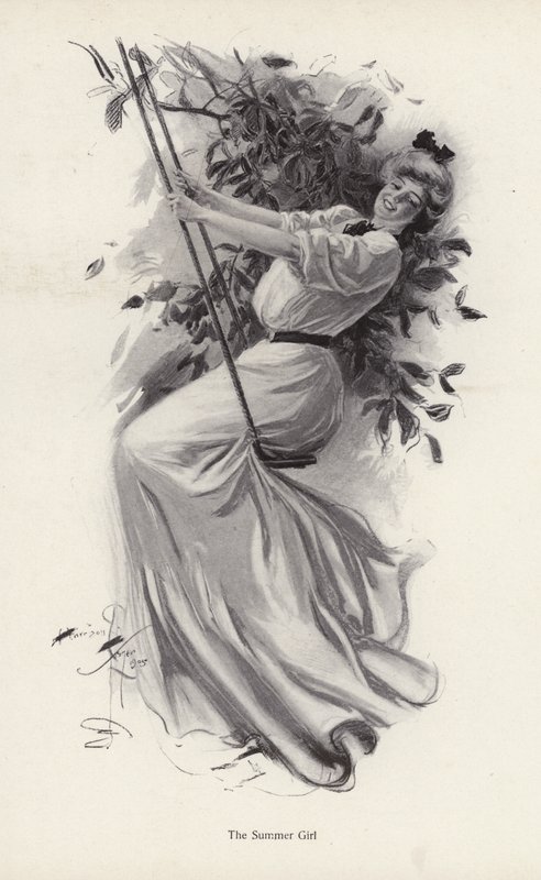 Ung kvinne på en huske (litho) av Harrison Fisher